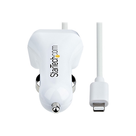 Ein weißes Autoladegerät mit eingraviertem StarTech.com-Logo und einem Blitzkabel, isoliert vor weißem Hintergrund.