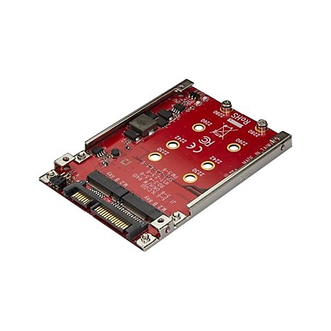 Rote Platine für den Einbau in einen Computer. Mehrere Anschlüsse, Schrauben und Textdetails sind zu erkennen.