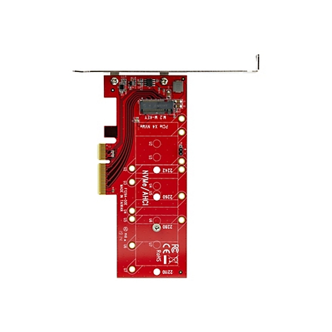 Ein rotes M.2-SSD-Adapterkarte vor weißem Hintergrund. Der Adapter hat elektrische Bauteile und Anschlüsse. Aufgedruckter Text: PCIe X4 NVMe, M.2 M-KEY.