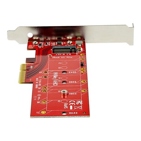 Eine rote PCIe-Erweiterungskarte mit metallfarbener Halterung, auf der Komponenten wie Chips und Anschlüsse montiert sind.