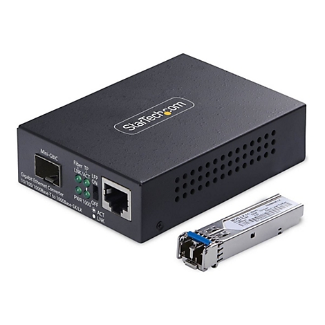 Schwarzer Gigabit-Ethernet-Konverter mit einem Modul und Produktbeschriftungen.