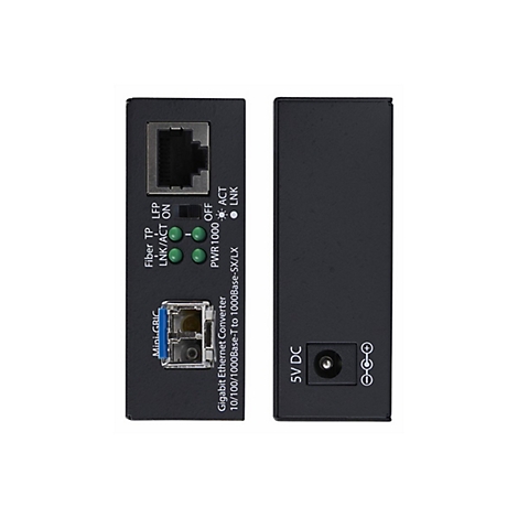 Schwarzer Gigabit Ethernet Konverter; Anschlüsse, LEDs und Schriftzüge detailliert dargestellt. 5V DC Anschluss auf der Rückseite.