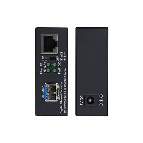 Ein schwarzer Gigabit-Ethernet-Konverter. Links Anschlüsse und LEDs, rechts Stromanschluss. Aufschrift: 5V DC.