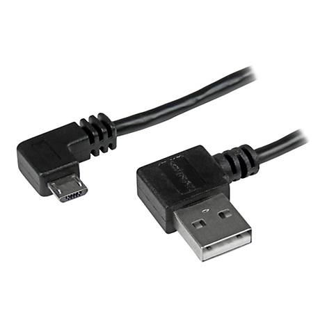 Schwarzes USB-Kabel mit abgewinkelten Steckern, Mikro-USB und USB-A.