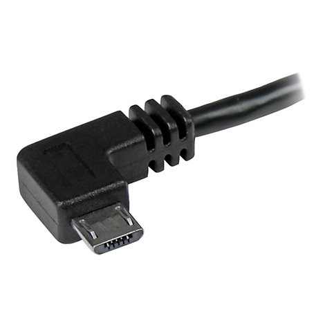 Nahaufnahme eines schwarzen Micro-USB-Kabels mit abgewinkeltem Stecker.