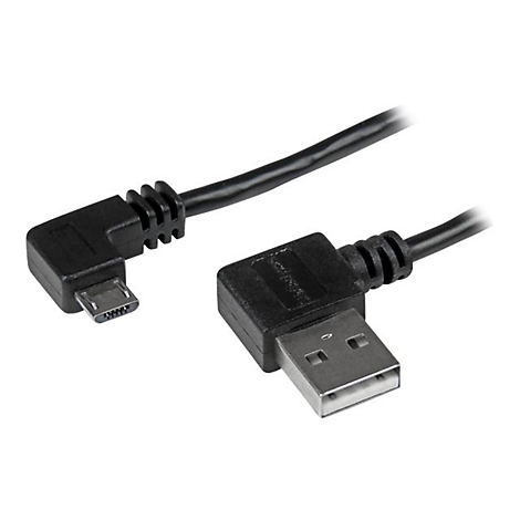 Schwarzes USB-Kabel mit abgewinkelten Steckern. Ein Stecker ist USB, der andere Micro-USB. Auf weißem Hintergrund.