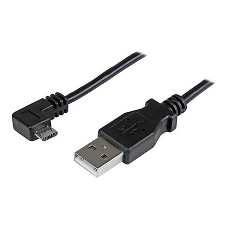 Schwarzes USB-Kabel mit Micro-USB-Anschluss, isoliert auf weißem Hintergrund.