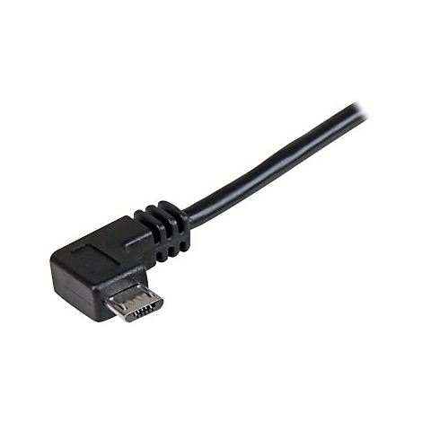 Schwarzes Micro-USB-Kabel, abgewinkelt, Stecker links. Auf weißem Hintergrund.