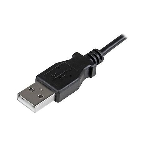 Nahaufnahme eines schwarzen USB-Kabels, der Stecker zeigt nach links, der Kabelstrang nach oben rechts.