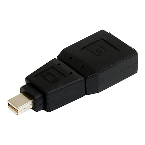 Schwarzer Mini-DisplayPort-zu-DisplayPort-Adapter, Nahaufnahme. Stecker mit silbernen Kontakten.