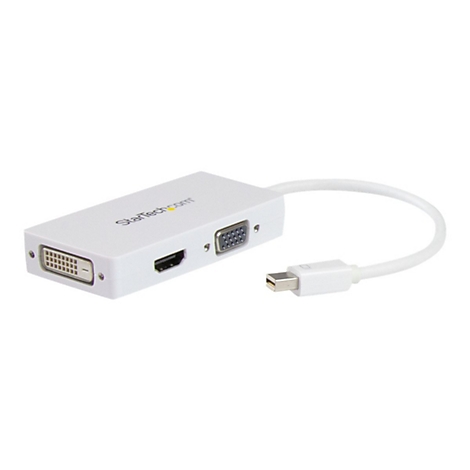 Weißer Adapter mit DVI-, HDMI-, VGA- und Mini-DisplayPort-Anschlüssen. Kabel mit Mini-DisplayPort-Stecker.