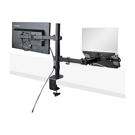 Schwarzer Monitor- und Laptop-Halter, an einem Tisch befestigt. Ein Lenovo-Monitor und ein Laptop sind angebracht.