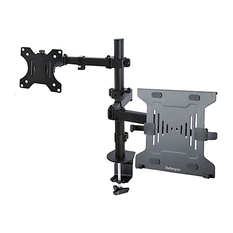 Schwarze Monitorhalterung. Ein Arm mit Halterung links, einer rechts. Beide sind an einer senkrechten SÃ¤ule befestigt, die mit einer Schraubklemme an der Tischplatte befestigt wird.