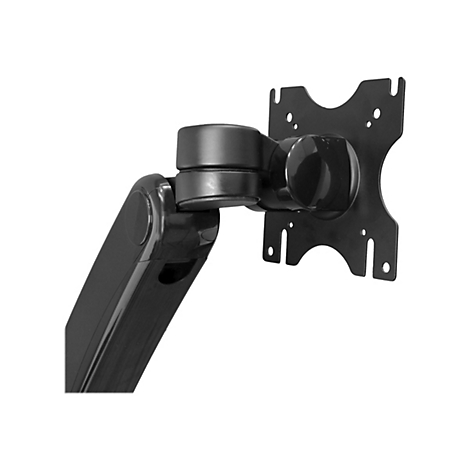 Schwarze Halterung für einen Monitor, bestehend aus Gelenkarmen und einer Montageplatte. Der Hintergrund ist weiß.