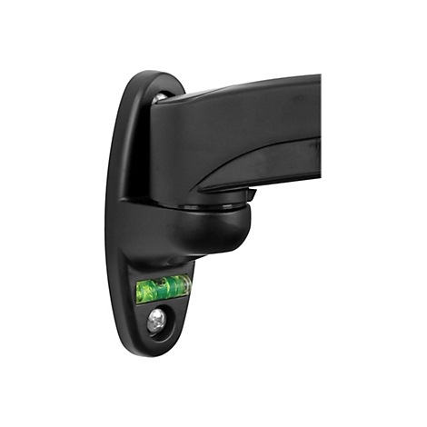 Nahaufnahme einer schwarzen Halterung mit integrierter Wasserwaage, die an der Wand befestigt werden soll.