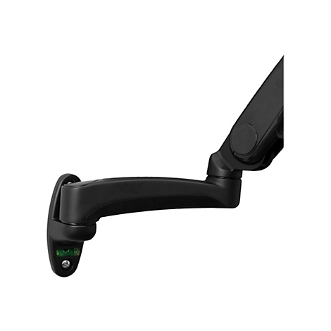 Schwarzer Monitorarm, nah. Der Arm wird an einer Wand befestigt. Eine Libelle ist an der Halterung angebracht.