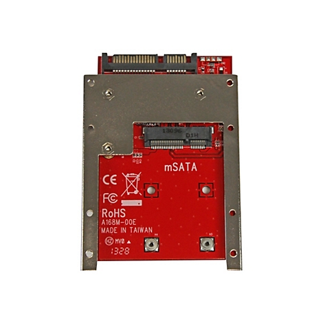 Rote Platine mit Metallrahmen. Auf der Platine stehen mSATA, CE, FC und RoHS. Auf der Platine sind zudem USB Anschlüsse und Steckplätze für Komponenten zu sehen.