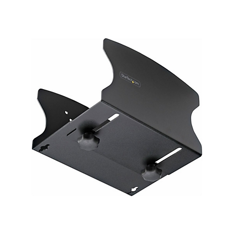 Schwarze Metallhalterung, mit Schrauben, für elektronische Geräte. Startech.com-Logo.