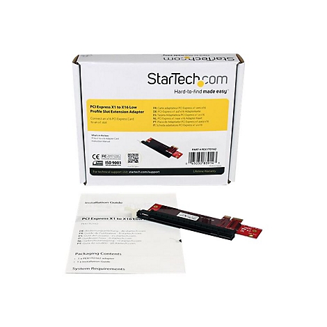 Ein weiÃŸer Karton mit StarTech.com-Logo und einem Produkt daneben; es handelt sich um einen PCI Express x16 Low Profile Slot Extension Adapter.