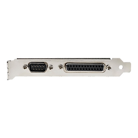 Eine silberne PCI-Karte mit zwei AnschlÃ¼ssen, einem 15-poligen D-Sub-Anschluss und einem 25-poligen Parallelport.
