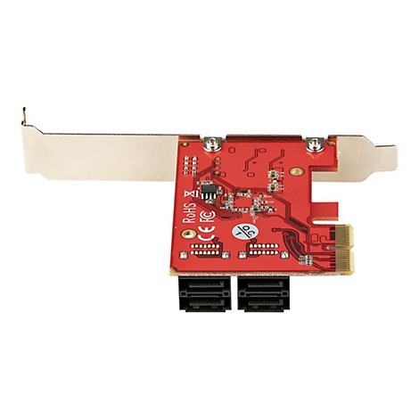 Rote SATA-Erweiterungskarte mit elektronischen Bauteilen und zwei Anschlüssen. Silberne Halterung links.
