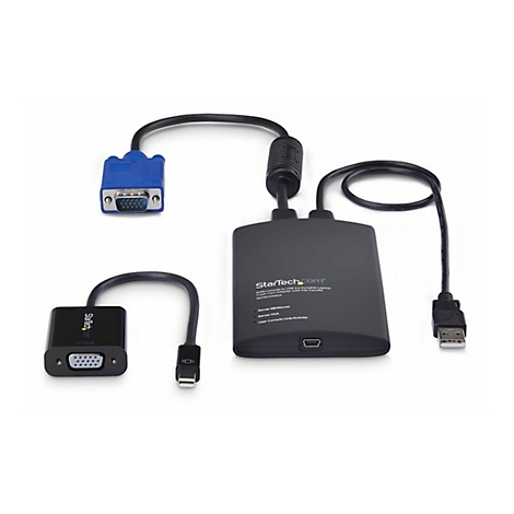 Ein schwarzer KVM-Adapter mit verschiedenen Kabeln und Anschlüssen, darunter VGA und USB, auf weißem Hintergrund.