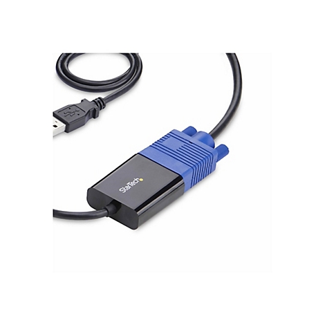 Ein schwarzes USB-auf-VGA-Adapterkabel, das von StarTech.com hergestellt wurde, mit einem blauen Anschluss.