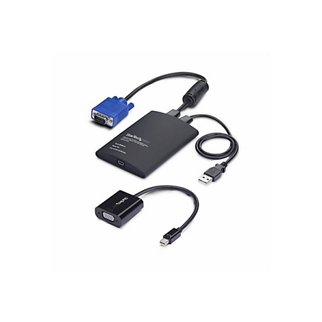 Ein schwarzer KVM-Adapter mit VGA- und USB-Anschlüssen. Kabel sind angeschlossen. Im Bild sind zwei Adapter des Herstellers Startech.com zu sehen.