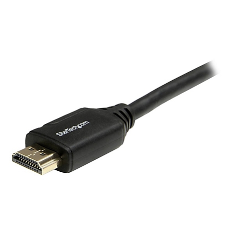 Nahaufnahme eines schwarzen HDMI-Kabels mit goldenem Anschluss. Der Stecker ist mit "StarTech.com" beschriftet.