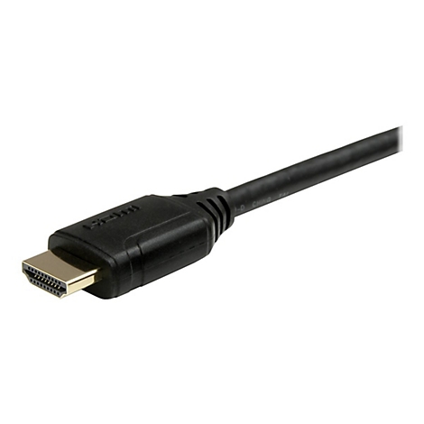 Nahaufnahme eines schwarzen HDMI-Kabels mit goldenem Stecker. Das Kabel hat eine schwarze Ummantelung.
