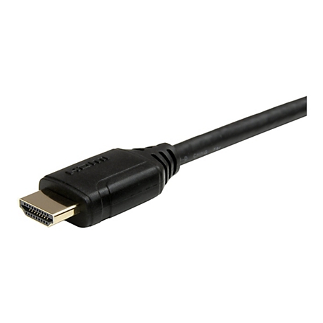 Ein schwarzes HDMI-Kabel vor weißem Hintergrund. Der Stecker ist goldfarben, das Kabel ist schwarz und hat eine Beschriftung.