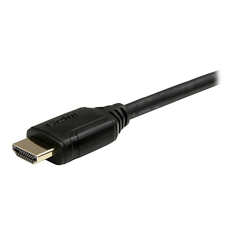 Nahaufnahme eines schwarzen HDMI-Kabels mit goldenem Stecker. Das Kabel ist vor weißem Hintergrund abgebildet.