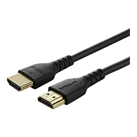 Ein schwarzes HDMI-Kabel mit vergoldeten Anschlüssen. Auf einem Stecker steht "HDMI", auf einem anderen "StarTech.com".