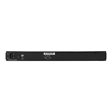 Schwarzes elektronisches Gerät, Rückseite mit Anschlüssen und Steckdosen. Beschriftung: 100-240VAC 50-60Hz.