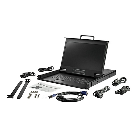 Schwarz eingerahmter LCD-Monitor mit Tastatur und Zubehör, wie Kabel und Halterungen, vor weißem Hintergrund.