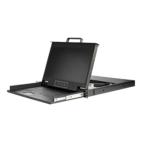 Schwarzer KVM-Switch mit ausziehbarem Bildschirm, Tastatur und Touchpad. Das Gerät ist vor weißem Hintergrund abgebildet.