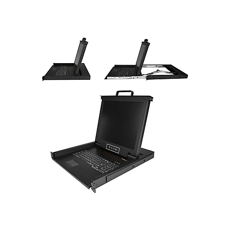 Schwarzer Server-Monitor mit Tastatur und zwei seitlichen Ansichten, Griff oben.