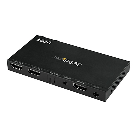 Commutateur HDMI noir avec plusieurs ports, étiquetés HDMI Out 1, 2, Optical Out, L/R Out, HDMI In et DC 5V. Logo StarTech.com.