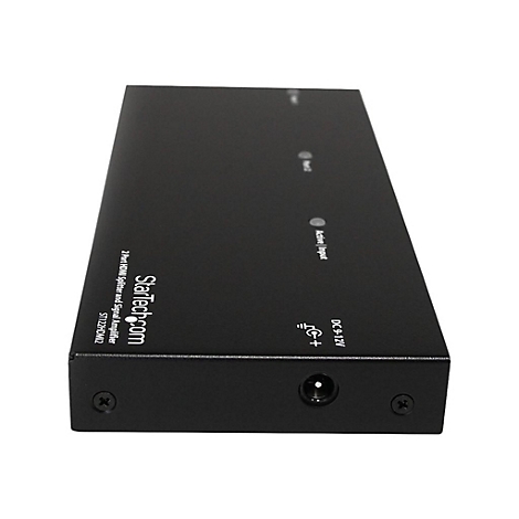 Répartiteur HDMI noir de StarTech.com. Inscription : « Active Input », « DC9-12V » et « 2 Port HDMI Splitter ».