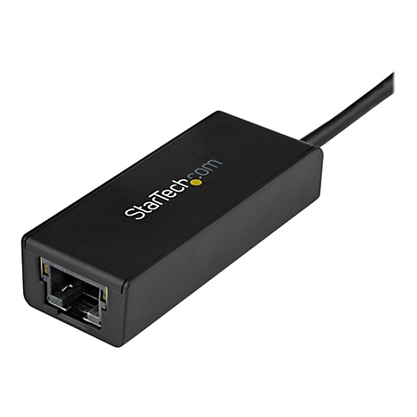 Adaptateur rÃ©seau noir avec connecteur RJ45. Logo StarTech.com sur le dessus.
