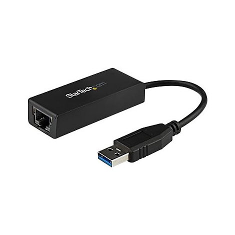 Adaptateur Ethernet USB noir. L'adaptateur est dotÃ© d'un boÃ®tier noir, d'un port RJ45 et d'un cÃ¢ble USB.