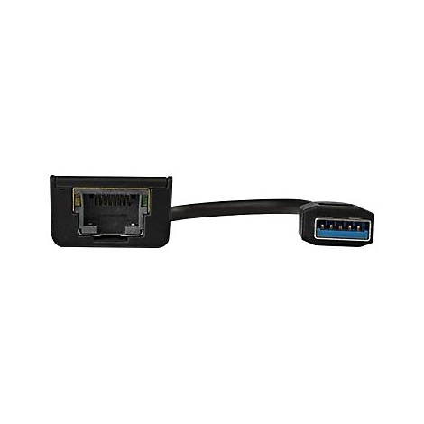 Adaptateur noir avec connecteurs USB et RJ45, isolÃ© sur fond blanc.