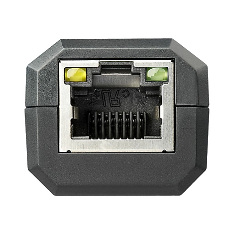 Connecteur RJ45 octogonal gris foncÃ©. Deux LED, jaunes et vertes, sont visibles sur les cÃ´tÃ©s.