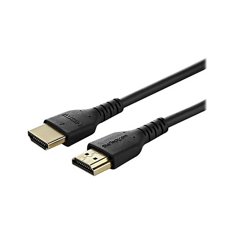 Schwarzes HDMI-Kabel mit goldenen Steckern. Logo "HDMI" und "StarTech.com" sind zu sehen.