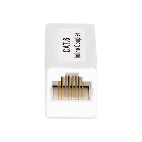 Ein weißer CAT.6 Inline-Koppler, mit goldfarbenen Kontakten.
