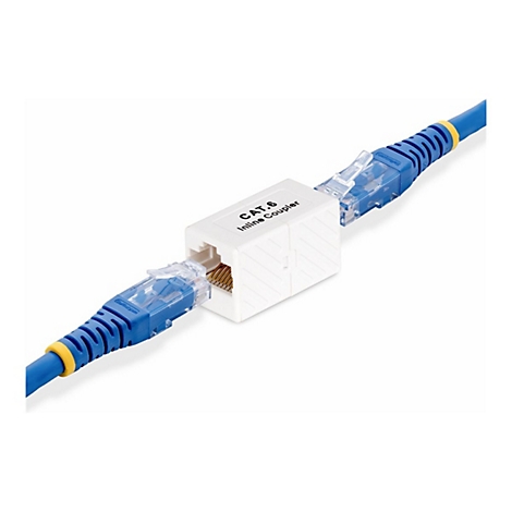 Ein weißer CAT.6 Inline-Koppler verbindet zwei blaue Netzwerkkabel. Auf dem Koppler steht "CAT.6 Inline Coupler".