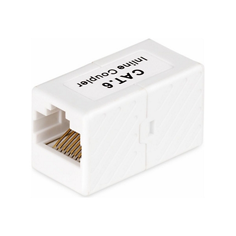 Weißer Netzwerk-Kuppler mit Text: CAT.6 Inline Coupler. Goldene Kontakte sind sichtbar.