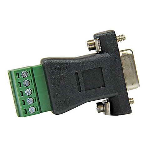 Schwarzer D-Sub-Stecker mit grünem Anschlussblock. Auf dem Stecker sind Buchstaben eingraviert.