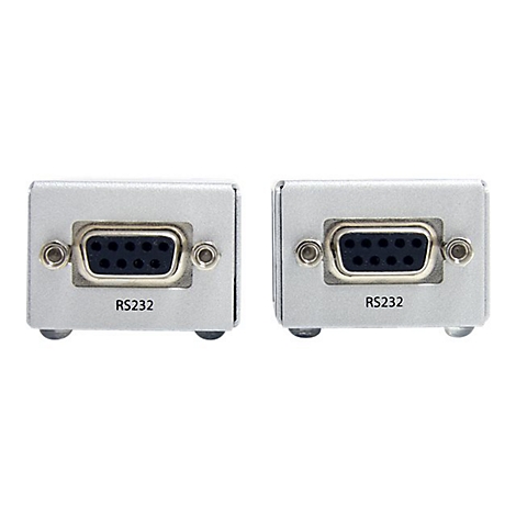 Zwei silberne RS232-Anschlüsse nebeneinander. Jede Buchse hat neun Pins und die Beschriftung "RS232".