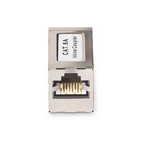 Ein grauer CAT.6A Inline-Koppler, isoliert auf weißem Hintergrund. Der Koppler hat einen RJ45-Anschluss, beschriftet mit 'CAT.6A Inline Coupler'.
